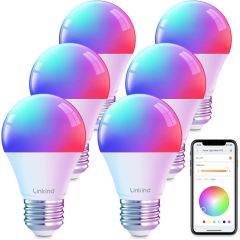 Linkind Smart WiFi RGBW Light Bulb, 2.4GHz RGBTW WiFi Bluetooth Light Bulb 60W, 800LM-6 Pack